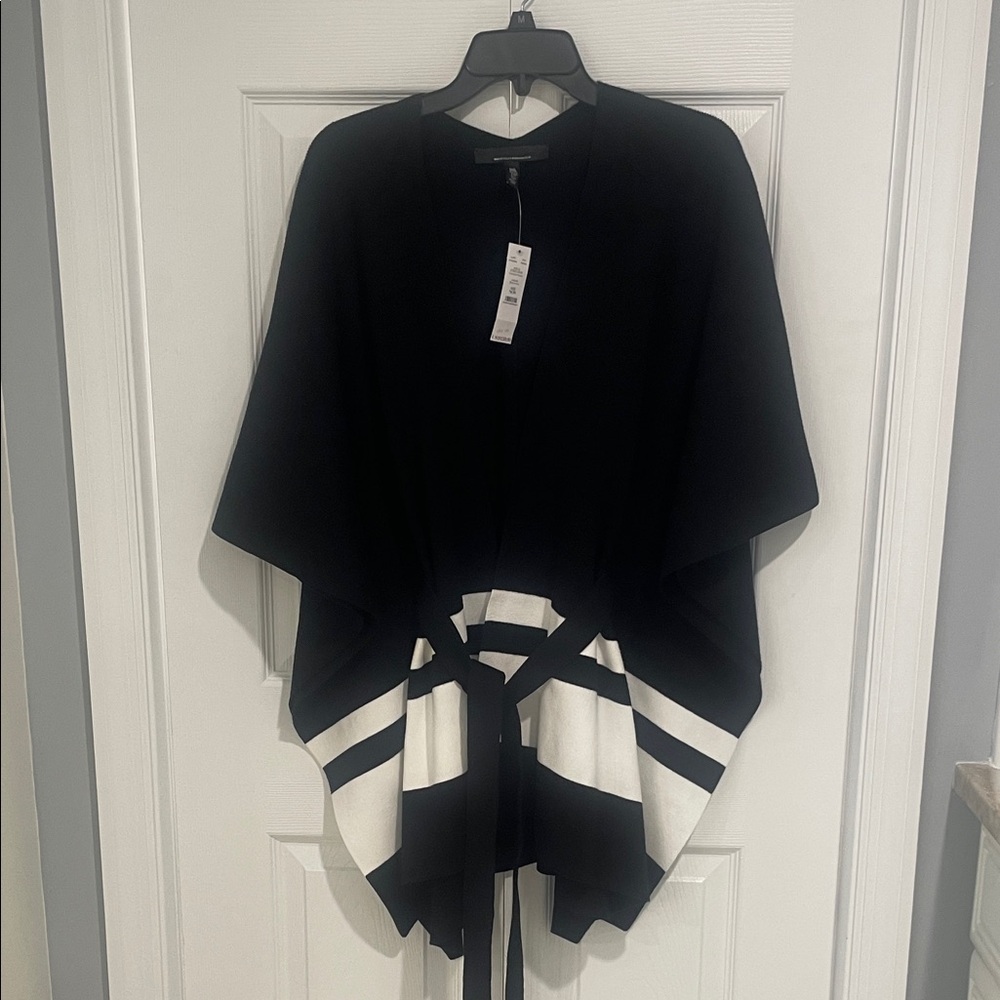 White House Black Market Colorblock  Knit Ruana Poncho, Black w Ecru